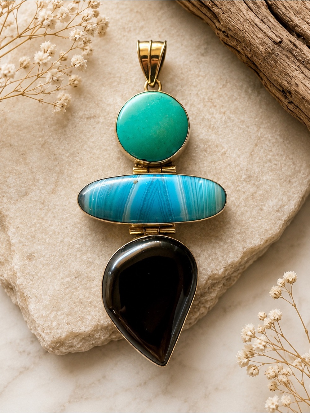 Turquoise, Teal & Black Triple- Blue Agate, Turquenite Stone Pendant in Silver